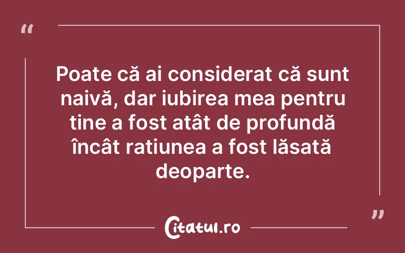 Poate că ai considerat că sunt naivă, dar iubirea mea pentru tine a fost atât de profundă încât rațiunea a fost lăsată deoparte.