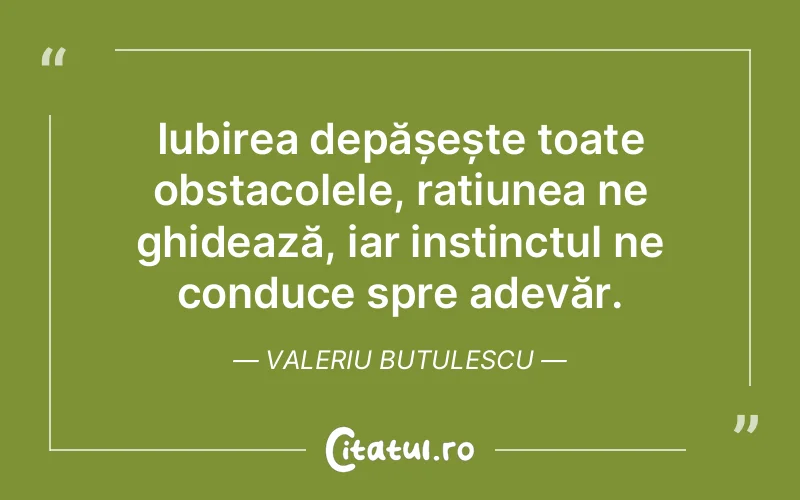 Iubirea depășește toate obstacolele, rațiunea ne ghidează, iar instinctul ne conduce spre adevăr. Valeriu Butulescu