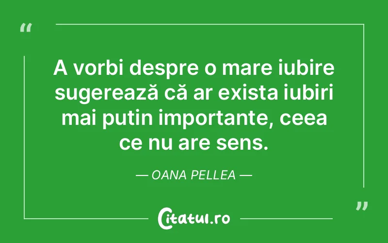 A vorbi despre o mare iubire sugerează că ar exista iubiri mai puțin importante, ceea ce nu are sens. Oana Pellea