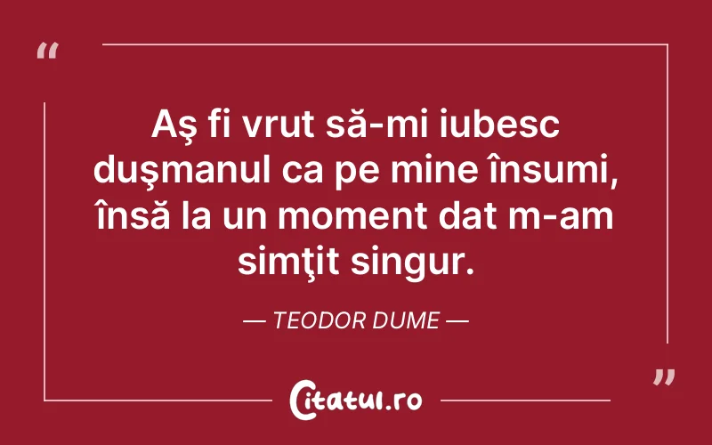 Aş fi vrut să-mi iubesc duşmanul ca pe mine însumi, însă la un moment dat m-am simţit singur. Teodor Dume