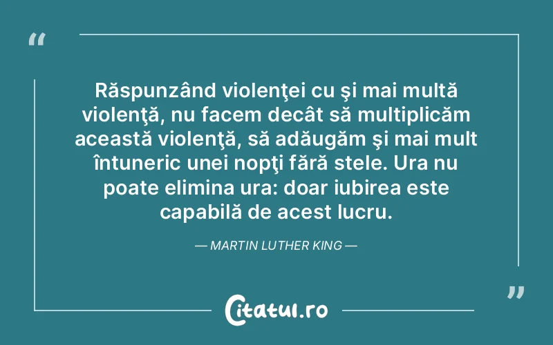 Răspunzând violenţei cu şi mai multă violenţă, nu facem decât să multiplicăm această violenţă, să adăugăm şi mai mult întuneric unei nopţi fără stele. Ura nu poate elimina ura: doar iubirea este capabilă de acest lucru. Martin Luther King