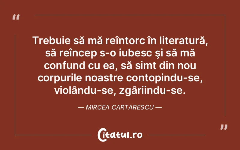 Trebuie să mă reîntorc în literatură, să reîncep s-o iubesc şi să mă confund cu ea, să simt din nou corpurile noastre contopindu-se, violându-se, zgâriindu-se. Mircea Cartarescu