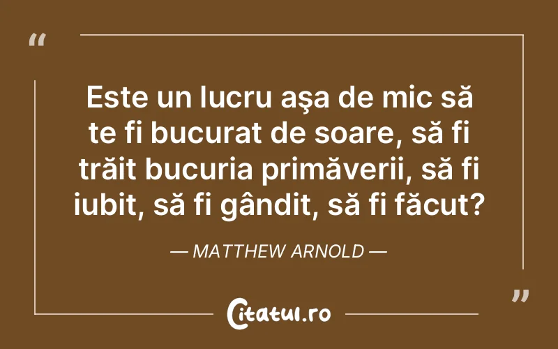 Este un lucru aşa de mic să te fi bucurat de soare, să fi trăit bucuria primăverii, să fi iubit, să fi gândit, să fi făcut?	Matthew Arnold