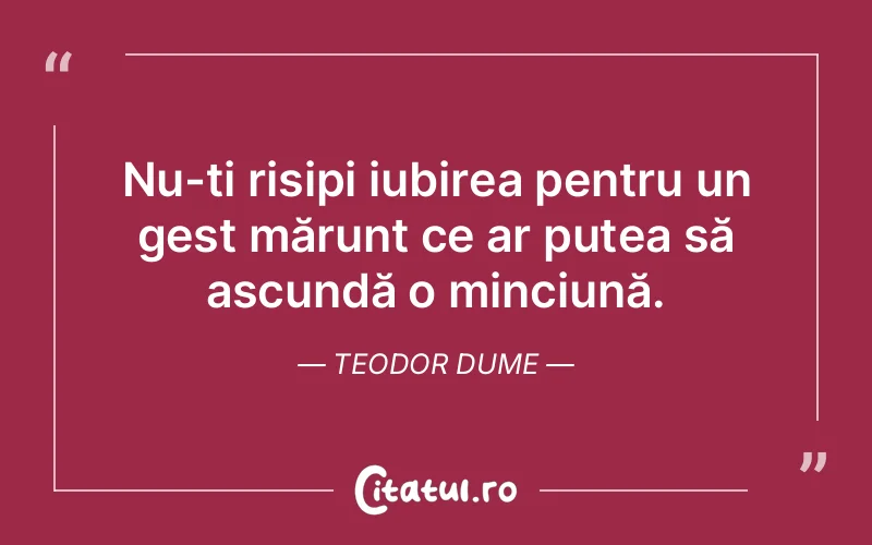 Nu-ți risipi iubirea pentru un gest mărunt ce ar putea să ascundă o minciună. Teodor Dume
