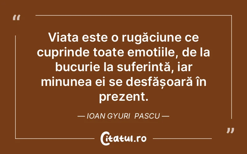 Viața este o rugăciune ce cuprinde toate emoțiile, de la bucurie la suferință, iar minunea ei se desfășoară în prezent. Ioan Gyuri  Pascu