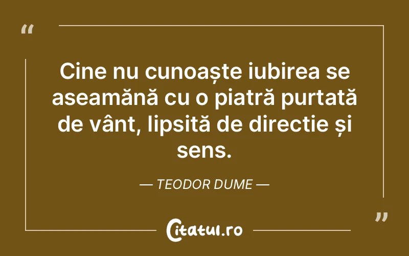 Cine nu cunoaște iubirea se aseamănă cu o piatră purtată de vânt, lipsită de direcție și sens. Teodor Dume