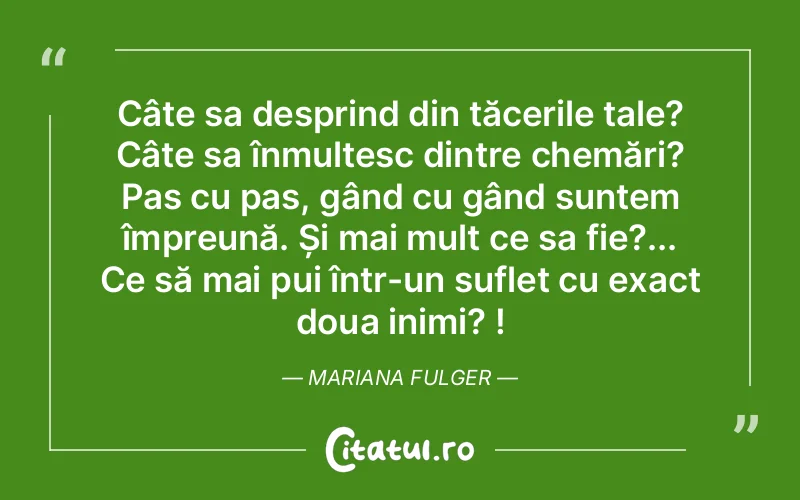 Câte sa desprind din tăcerile tale? Câte sa înmulțesc dintre chemări? Pas cu pas, gând cu gând suntem împreună. Și mai mult ce sa fie?... Ce să mai pui într-un suflet cu exact doua inimi? ! Mariana Fulger