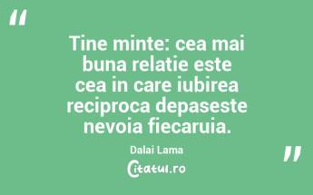 Tine minte: cea mai buna relatie este cea in care iubirea reciproca depaseste nevoia fiecaruia. Dalai Lama...