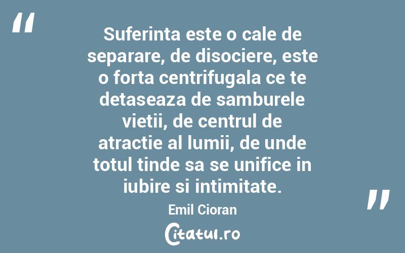 Suferinta este o cale de separare, de disociere, este o forta centrifugala ce te detaseaza de samburele vietii, de centrul de atractie al lumii, de unde totul tinde sa se unifice in iubire si intimitate. Emil Cioran

