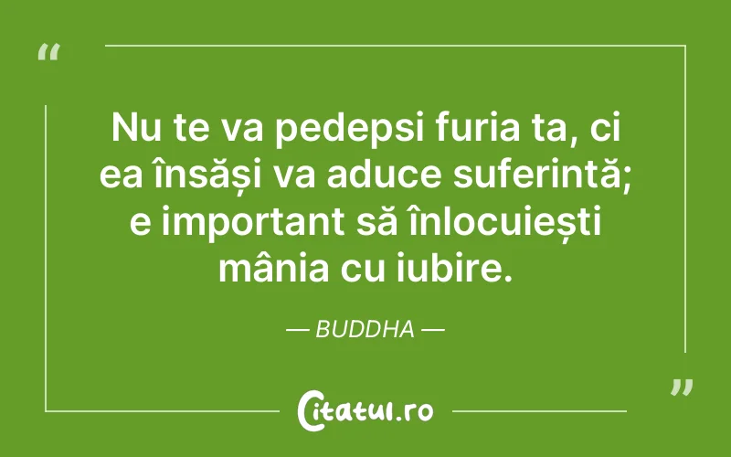 Nu te va pedepsi furia ta, ci ea însăși va aduce suferință; e important să înlocuiești mânia cu iubire. Buddha