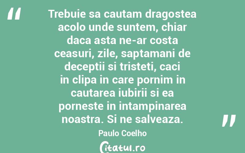 Trebuie sa cautam dragostea acolo unde suntem, chiar daca asta ne-ar costa ceasuri, zile, saptamani de deceptii si tristeti, caci in clipa in care pornim in cautarea iubirii si ea porneste in intampinarea noastra. Si ne salveaza. Paulo Coelho
