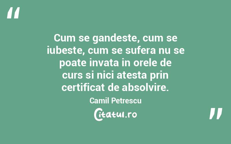 Cum se gandeste, cum se iubeste, cum se sufera nu se poate invata in orele de curs si nici atesta prin certificat de absolvire. Camil Petrescu
