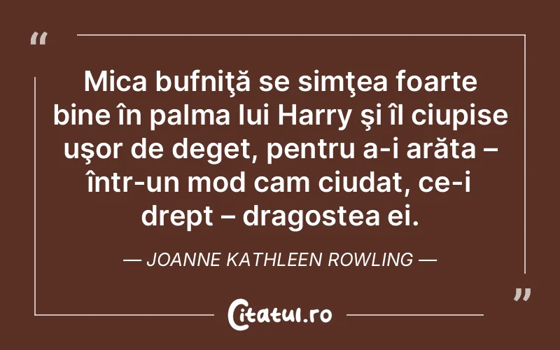 Mica bufniţă se simţea foarte bine în palma lui Harry şi îl ciupise uşor de deget, pentru a-i arăta – într-un mod cam ciudat, ce-i drept – dragostea ei. Joanne Kathleen Rowling