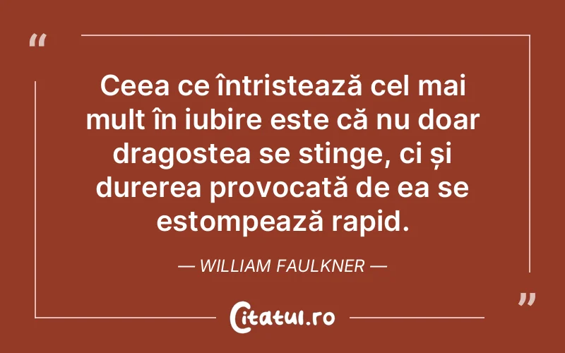 Ceea ce întristează cel mai mult în iubire este că nu doar dragostea se stinge, ci și durerea provocată de ea se estompează rapid. William Faulkner