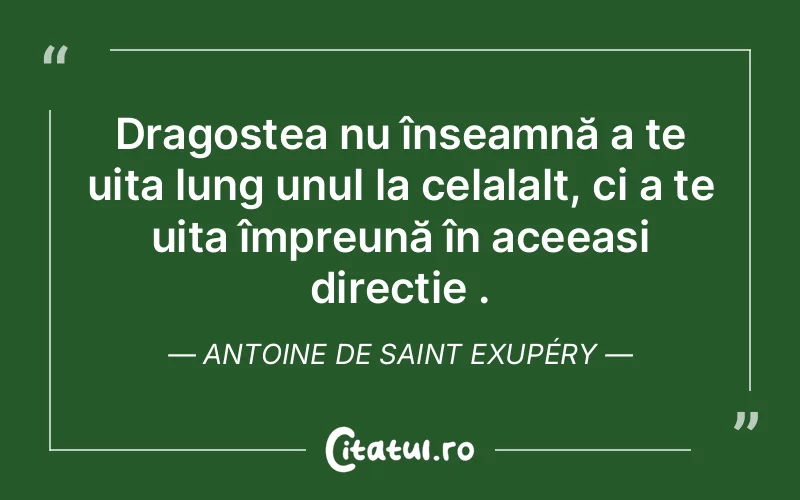 Dragostea nu înseamnă a te uita lung unul la celalalt, ci a te uita împreună în aceeași direcție . Antoine de Saint Exupéry