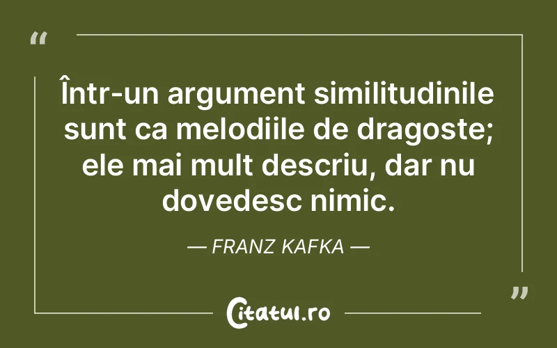 Într-un argument similitudinile sunt ca melodiile de dragoste; ele mai mult descriu, dar nu dovedesc nimic. Franz Kafka