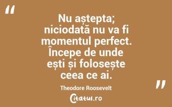 Nu aștepta; niciodată nu va fi momentul perfect. Începe de unde ești și folosește ceea ce ai.Theodore Roosevelt...