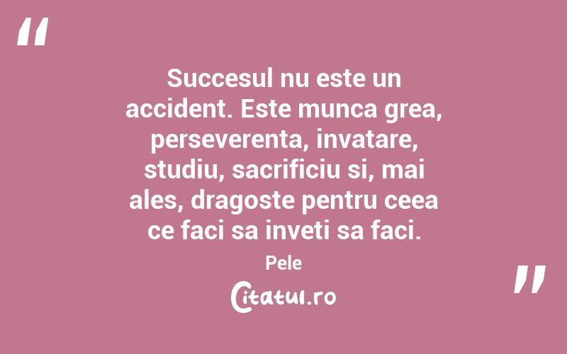 Succesul nu este un accident. Este munca grea, perseverenta, invatare, studiu, sacrificiu si, mai ales, dragoste pentru ceea ce faci sa inveti sa faci. Pele