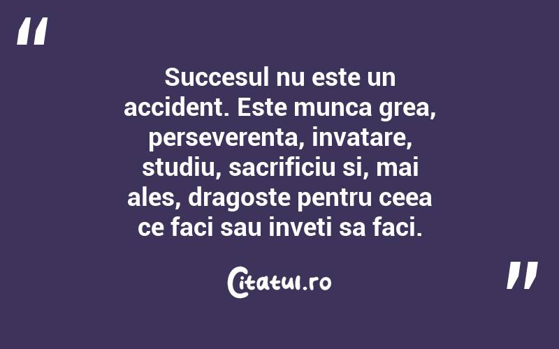 Succesul nu este un accident. Este munca grea, perseverenta, invatare, studiu, sacrificiu si, mai ales, dragoste pentru ceea ce faci sau inveti sa faci.  