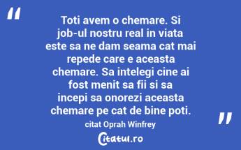 Toti avem o chemare. Si job-ul nostru real in viata este sa ne dam seama cat mai repede care e aceasta chemare. Sa intelegi cine ai fost menit sa fii si sa incepi sa onorezi aceasta chemare pe cat de bine poti. citat Oprah Winfrey...