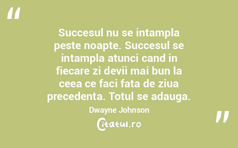 Succesul nu se intampla peste noapte. Succesul se intampla atunci cand in fiecare zi devii mai bun la ceea ce faci fata de ziua precedenta. Totul se adauga.  Dwayne Johnson