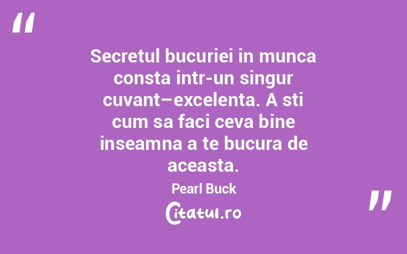 Secretul bucuriei in munca consta intr-un singur cuvant–excelenta. A sti cum sa faci ceva bine inseamna a te bucura de aceasta. Pearl Buck