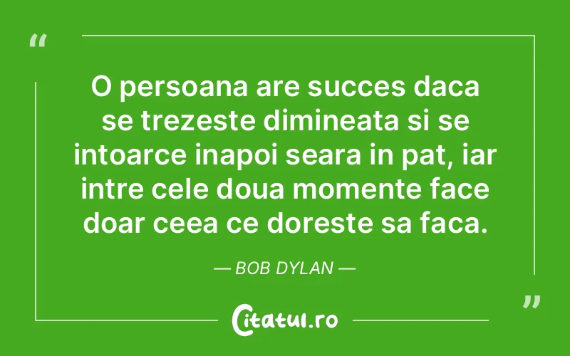 O persoana are succes daca se trezeste dimineata si se intoarce inapoi seara in pat, iar intre cele doua momente face doar ceea ce doreste sa faca. Bob Dylan