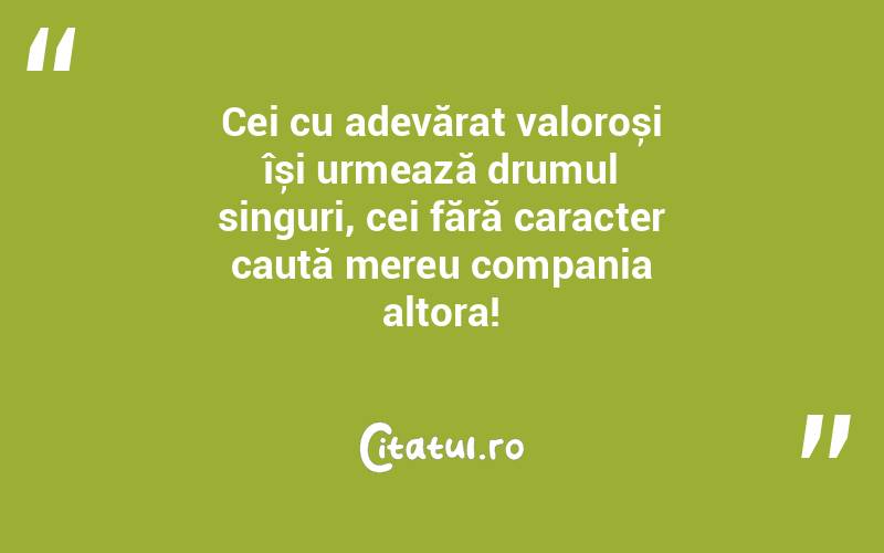 Cei cu adevărat valoroși își urmează drumul singuri, cei fără caracter caută mereu compania altora!