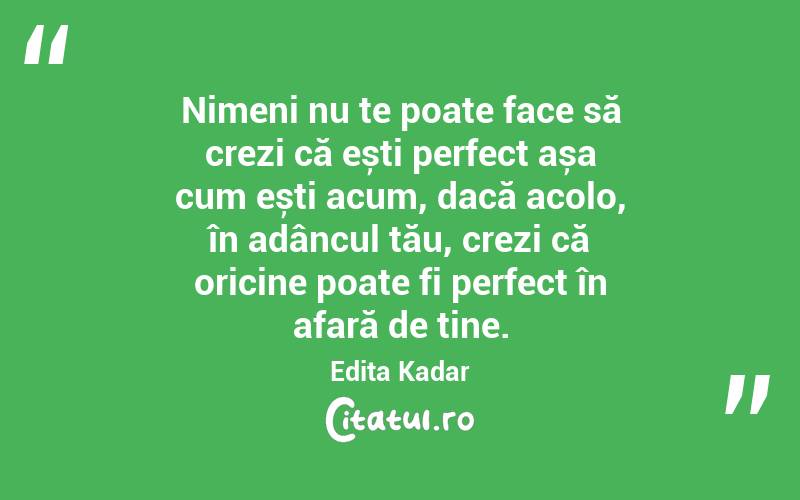 Nimeni nu te poate face să crezi că ești perfect așa cum ești acum, dacă acolo, în adâncul tău, crezi că oricine poate fi perfect în afară de tine. Edita Kadar
