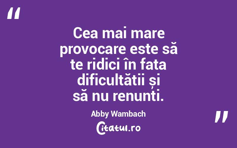 Cea mai mare provocare este să te ridici în fața dificultății și să nu renunți. Abby Wambach