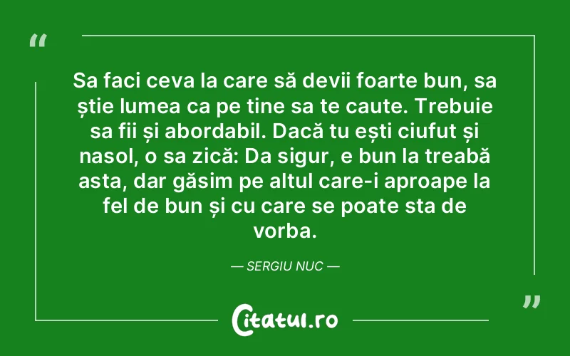 Sa faci ceva la care să devii foarte bun, sa știe lumea ca pe tine sa te caute. Trebuie sa fii și abordabil. Dacă tu ești ciufut și nasol, o sa zică: Da sigur, e bun la treabă asta, dar găsim pe altul care-i aproape la fel de bun și cu care se poate sta de vorba. Sergiu Nuc