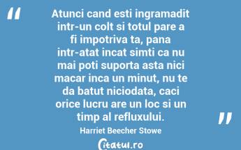 Atunci cand esti ingramadit intr-un colt si totul pare a fi impotriva ta, pana intr-atat incat simti ca nu mai poti suporta asta nici macar inca un minut, nu te da batut niciodata, caci orice lucru are un loc si un timp al refluxului. Harriet Beecher Stowe...