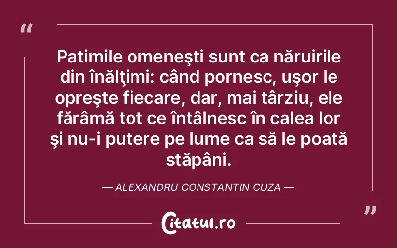 Patimile omeneşti sunt ca năruirile din înălţimi: când pornesc, uşor le opreşte fiecare, dar, mai târziu, ele fărâmă tot ce întâlnesc în calea lor şi nu-i putere pe lume ca să le poată stăpâni. Alexandru Constantin Cuza
