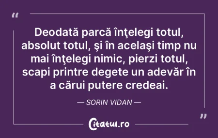 Deodată parcă înţelegi totul, absolu...