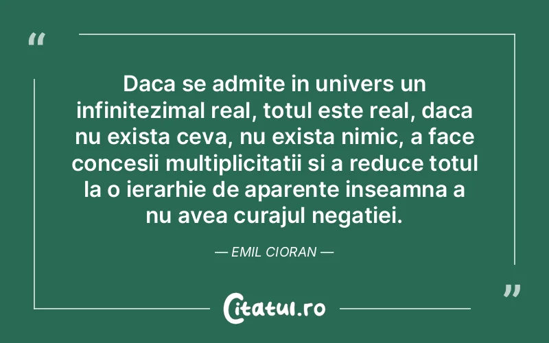 Daca se admite in univers un infinitezimal real, totul este real, daca nu exista ceva, nu exista nimic, a face concesii multiplicitatii si a reduce totul la o ierarhie de aparente inseamna a nu avea curajul negatiei. Emil Cioran