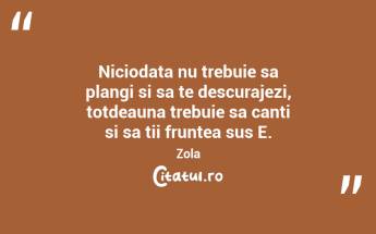 Niciodata nu trebuie sa plangi si sa te descurajezi, totdeauna trebuie sa canti si sa tii fruntea sus E. Zola...