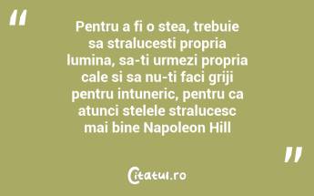 Pentru a fi o stea, trebuie sa stralucesti propria lumina, sa-ti urmezi propria cale si sa nu-ti faci griji pentru intuneric, pentru ca atunci stelele stralucesc mai bine Napoleon Hill...