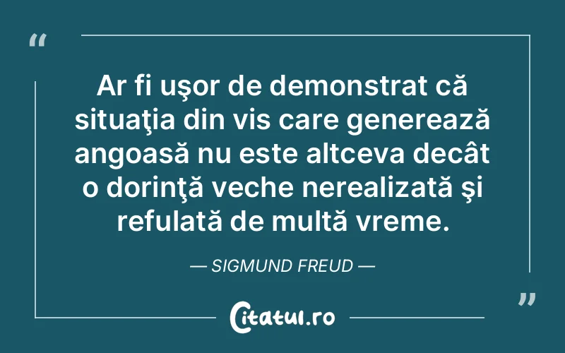 Ar fi uşor de demonstrat că situaţia din vis care generează angoasă nu este altceva decât o dorinţă veche nerealizată şi refulată de multă vreme. Sigmund Freud