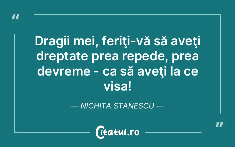 Dragii mei, feriţi-vă să aveţi dreptate prea repede, prea devreme - ca să aveţi la ce visa! Nichita Stanescu
