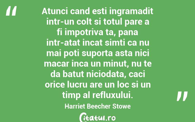 Atunci cand esti ingramadit intr-un colt si totul pare a fi impotriva ta, pana intr-atat incat simti ca nu mai poti suporta asta nici macar inca un minut, nu te da batut niciodata, caci orice lucru are un loc si un timp al refluxului. Harriet Beecher Stowe