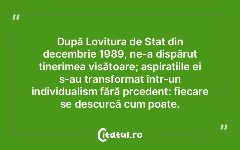După Lovitura de Stat din decembrie 1989, ne-a dispărut tinerimea visătoare; aspirațiile ei s-au transformat într-un individualism fără prcedent: fiecare se descurcă cum poate.