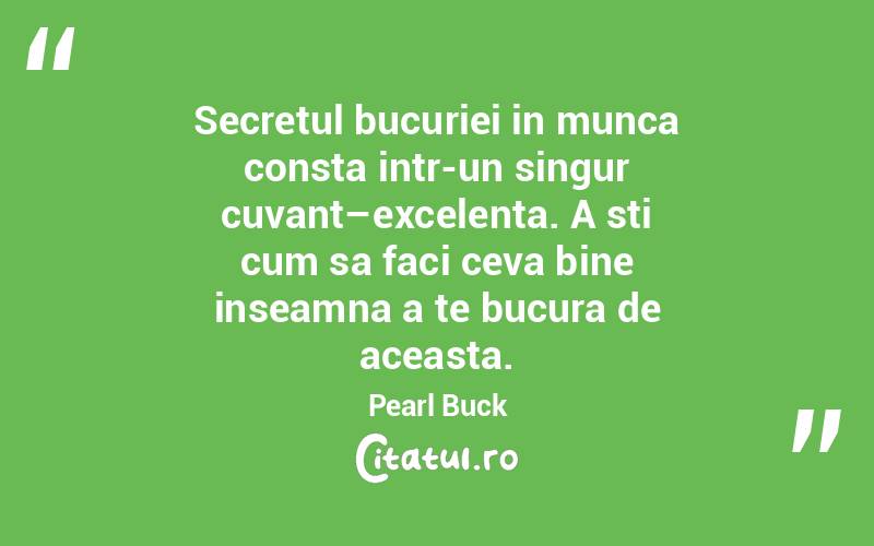 Secretul bucuriei in munca consta intr-un singur cuvant–excelenta. A sti cum sa faci ceva bine inseamna a te bucura de aceasta. Pearl Buck