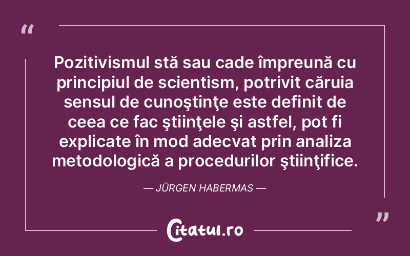 Pozitivismul stă sau cade împreună cu principiul de scientism, potrivit căruia sensul de cunoştinţe este definit de ceea ce fac ştiinţele şi astfel, pot fi explicate în mod adecvat prin analiza metodologică a procedurilor ştiinţifice. Jürgen Habermas