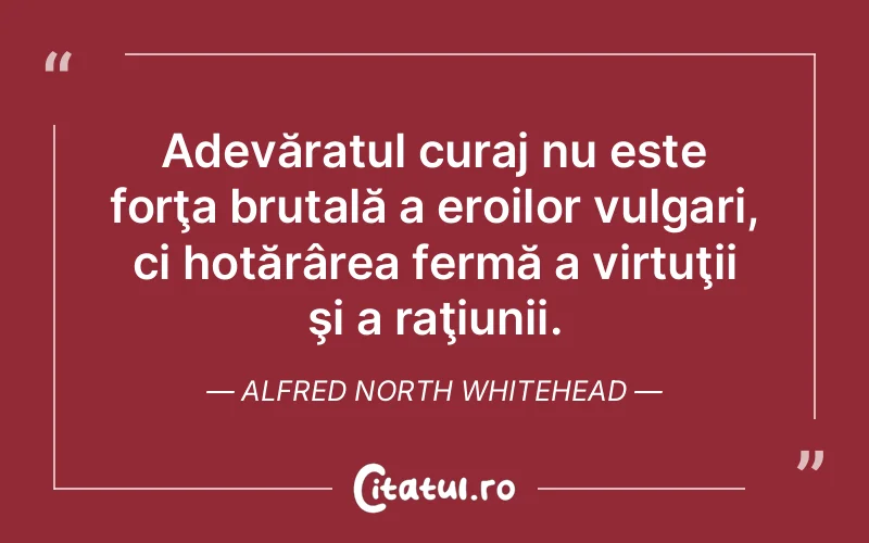 Adevăratul curaj nu este forţa brutală a eroilor vulgari, ci hotărârea fermă a virtuţii şi a raţiunii. Alfred North Whitehead