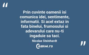 Prin cuvinte oamenii isi comunica idei, sentimente, informatii. Si acel extaz in fata binelui, frumosului si adevarului care nu-ti ingaduie sa taci. Nicolae Steinhardt...