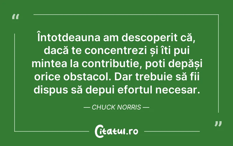 Întotdeauna am descoperit că, dacă te concentrezi și îți pui mintea la contribuție, poți depăși orice obstacol. Dar trebuie să fii dispus să depui efortul necesar. Chuck Norris