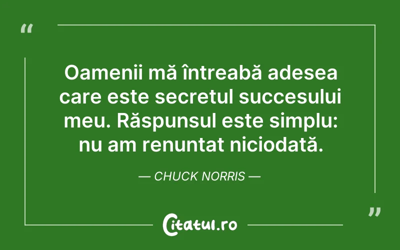 Oamenii mă întreabă adesea care este secretul succesului meu. Răspunsul este simplu: nu am renunțat niciodată. Chuck Norris