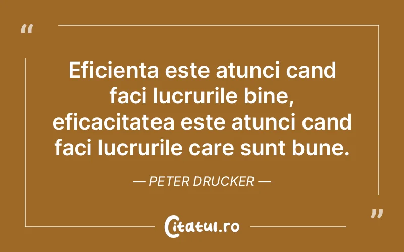 Eficienta este atunci cand faci lucrurile bine, eficacitatea este atunci cand faci lucrurile care sunt bune. Peter Drucker