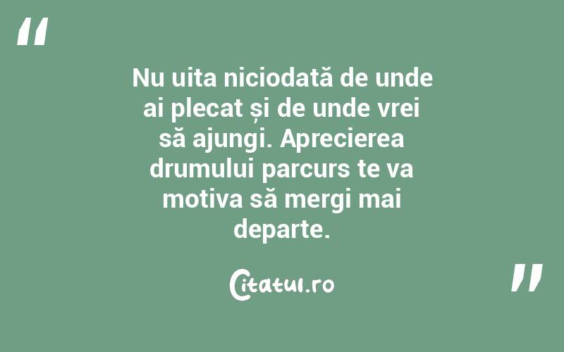 Nu uita niciodată de unde ai plecat și de unde vrei să ajungi. Aprecierea drumului parcurs te va motiva să mergi mai departe. 