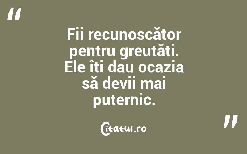 Fii recunoscător pentru greutăți. Ele îți dau ocazia să devii mai puternic. 
